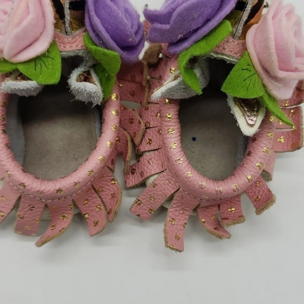 UNICORN baby slippers leather upper leather lining white pink felt flower fringe